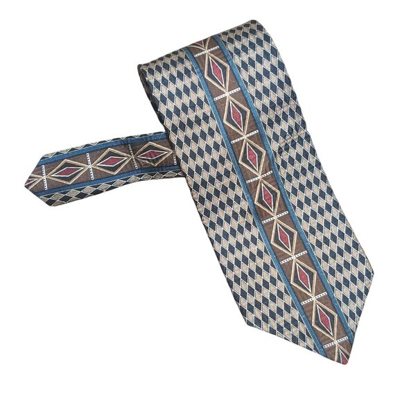 Conte di Milano Necktie Vintage Geometric Diamond Print Silk Tie Blue Brown Red - Picture 1 of 7